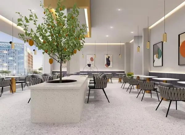 Store design rendering 112 — planter island and seating area (design for a trainee's shop)