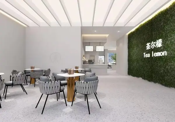 Store design rendering 114 — green wall and booth seating (design for a trainee's shop)