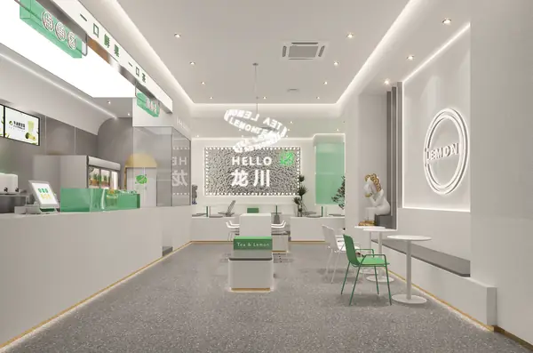 Store design rendering 212 — front-of-house and ordering area (design for a trainee's shop)