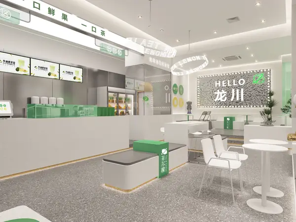 Store design rendering 213 — counter and green wall (design for a trainee's shop)
