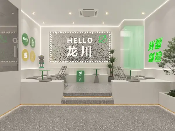 Store design rendering 214 — feature wall and seating area (design for a trainee's shop)